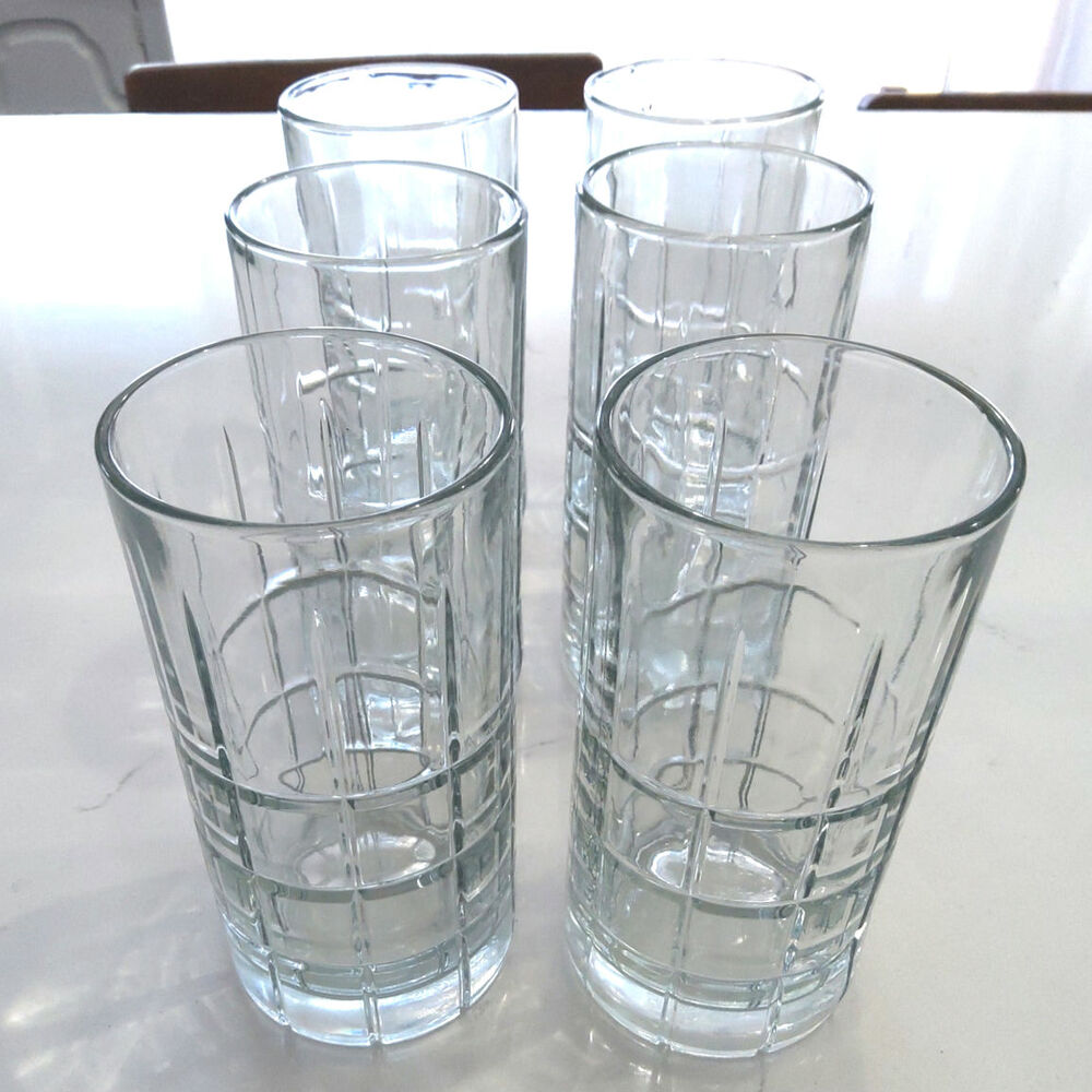 Vintage Anchor hocking 6pc Tartan drink glassware plaid etched geo pattern16oz